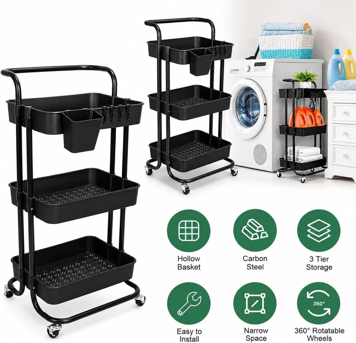 3-Tier Black Metal Cart