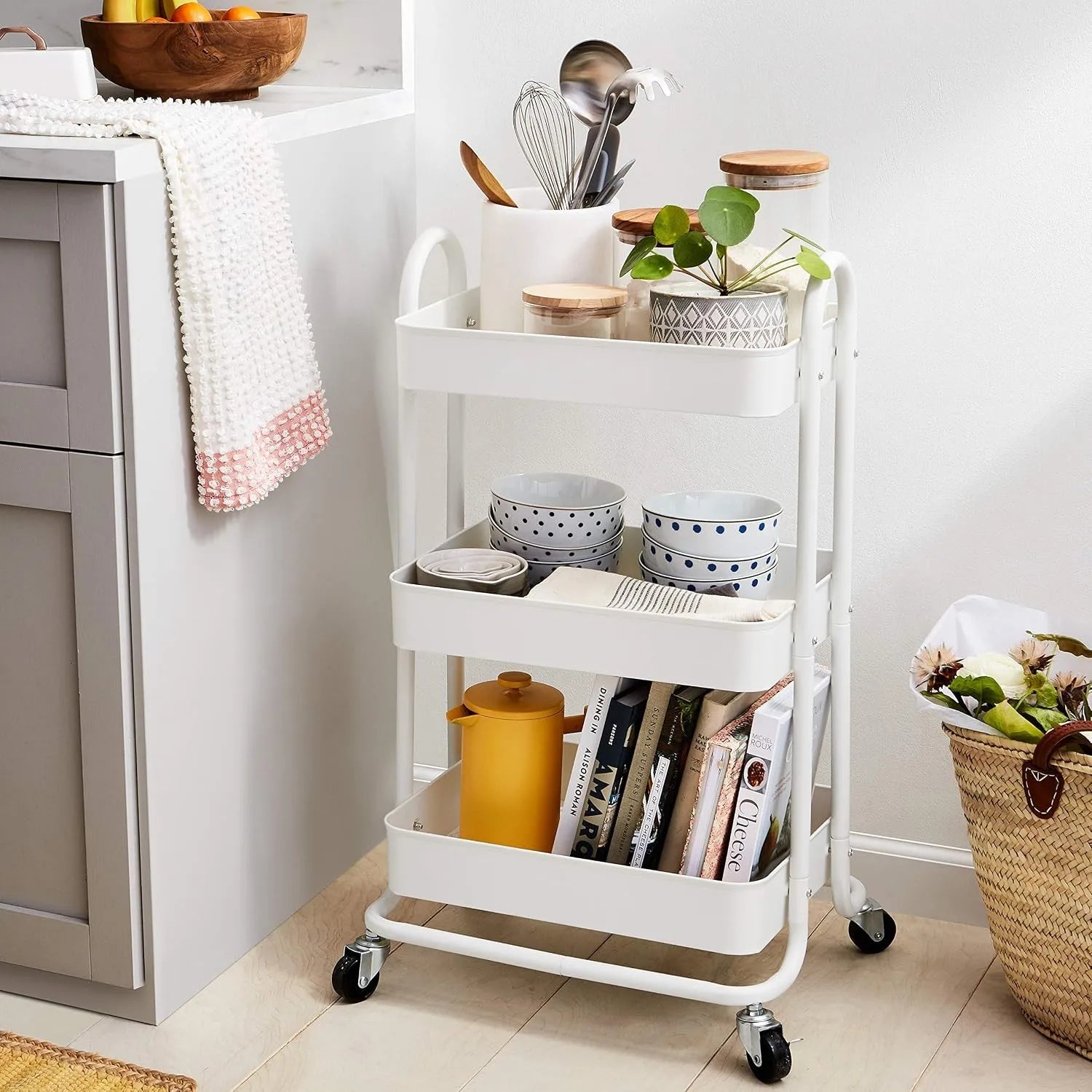 3-Tier White Rolling Cart